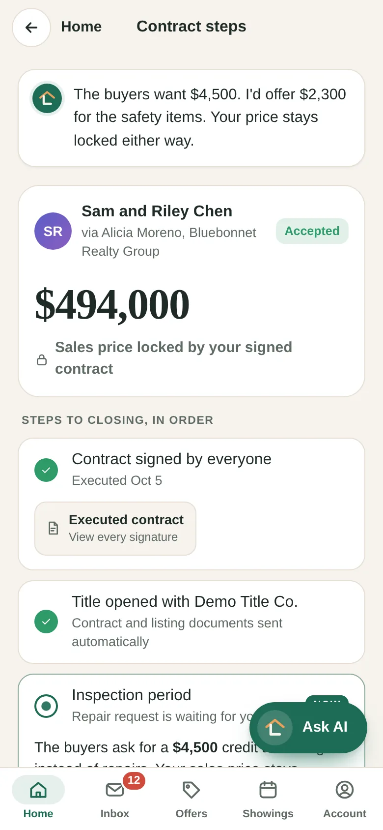 Contract steps from signed contract to closing, with a repair request and a suggested credit