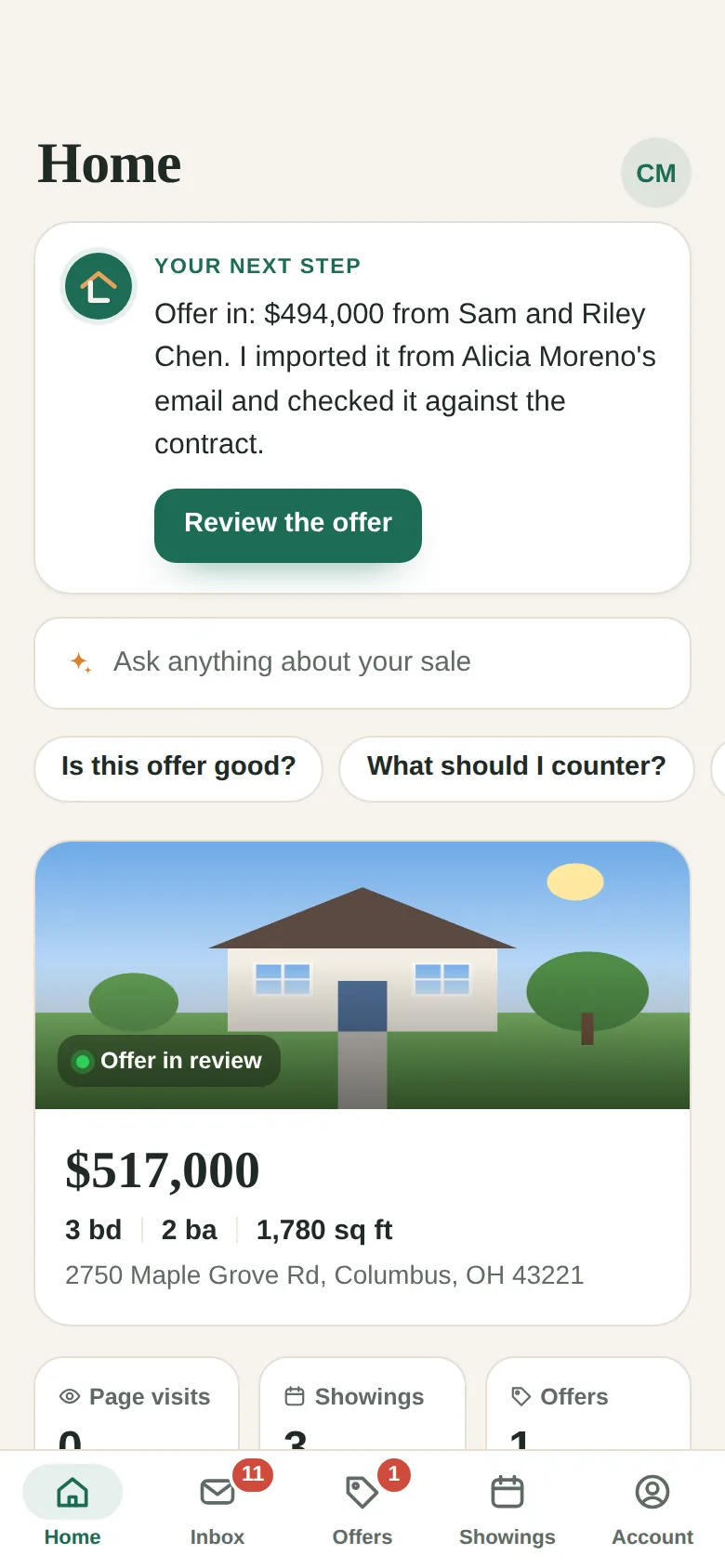 The home screen with the next step and a box to ask the AI anything