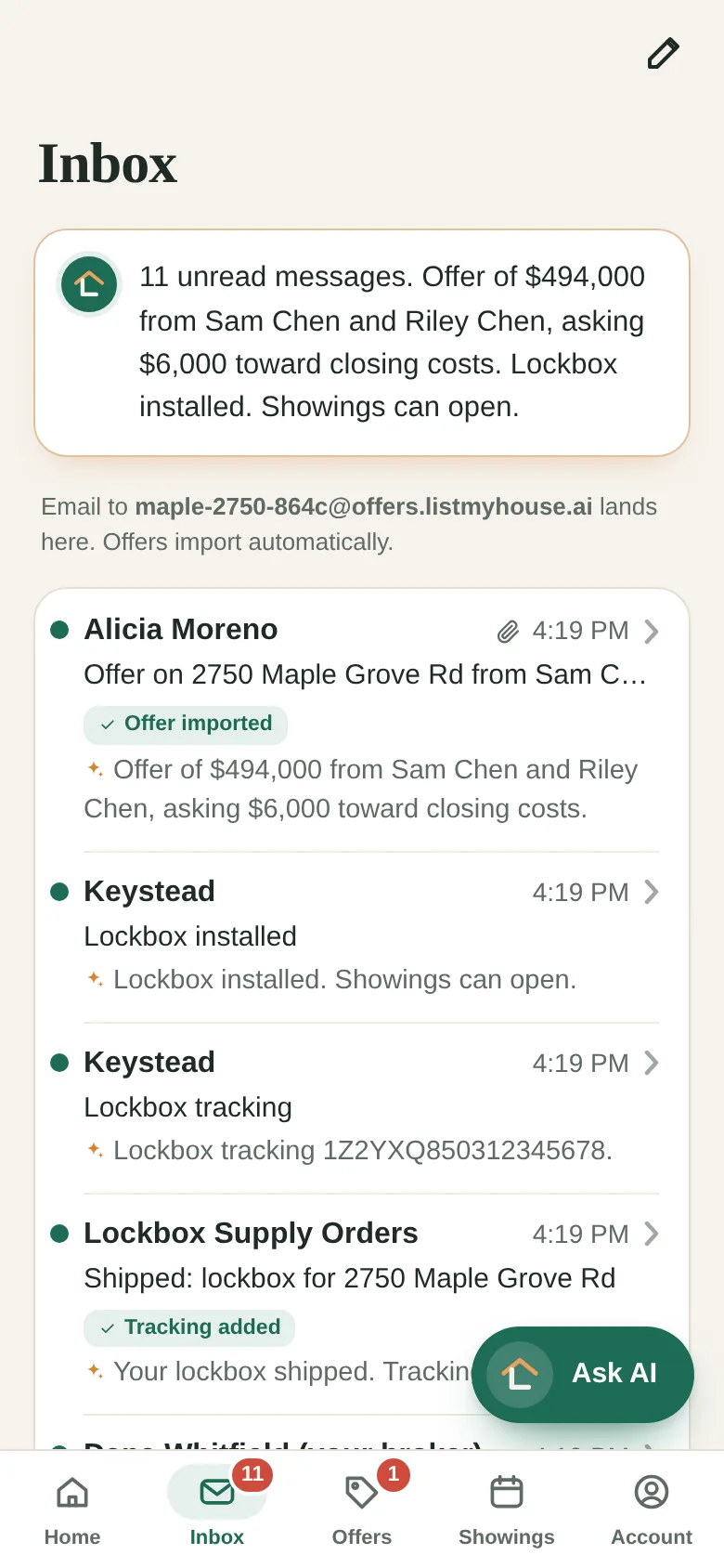 The Keystead inbox, with each email summarized by AI and an offer marked as imported