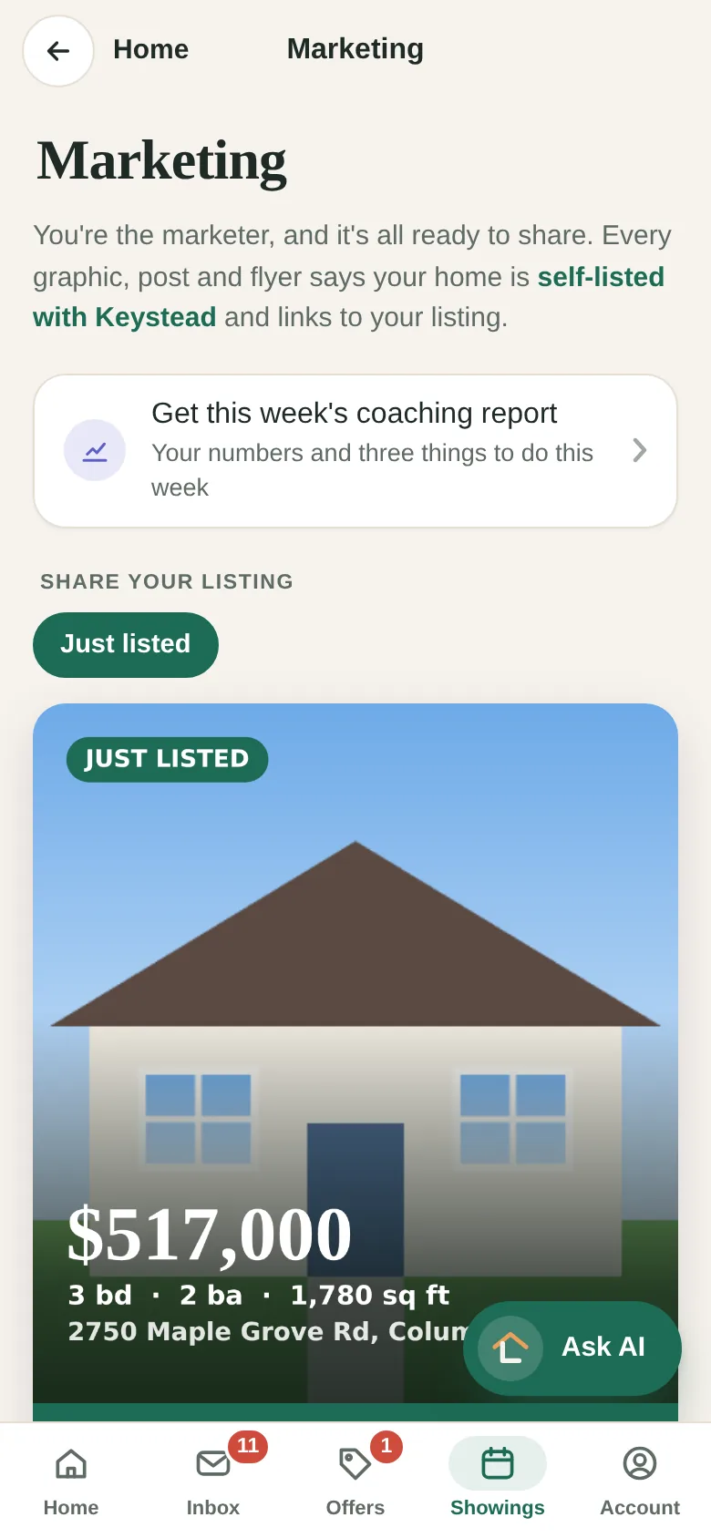 The marketing screen with a ready-to-share Just Listed graphic