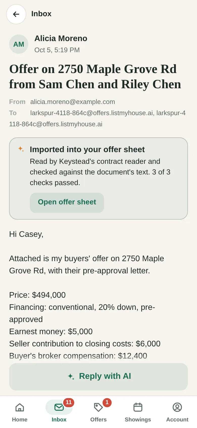 An agent's offer email, read by AI and imported into the offer sheet