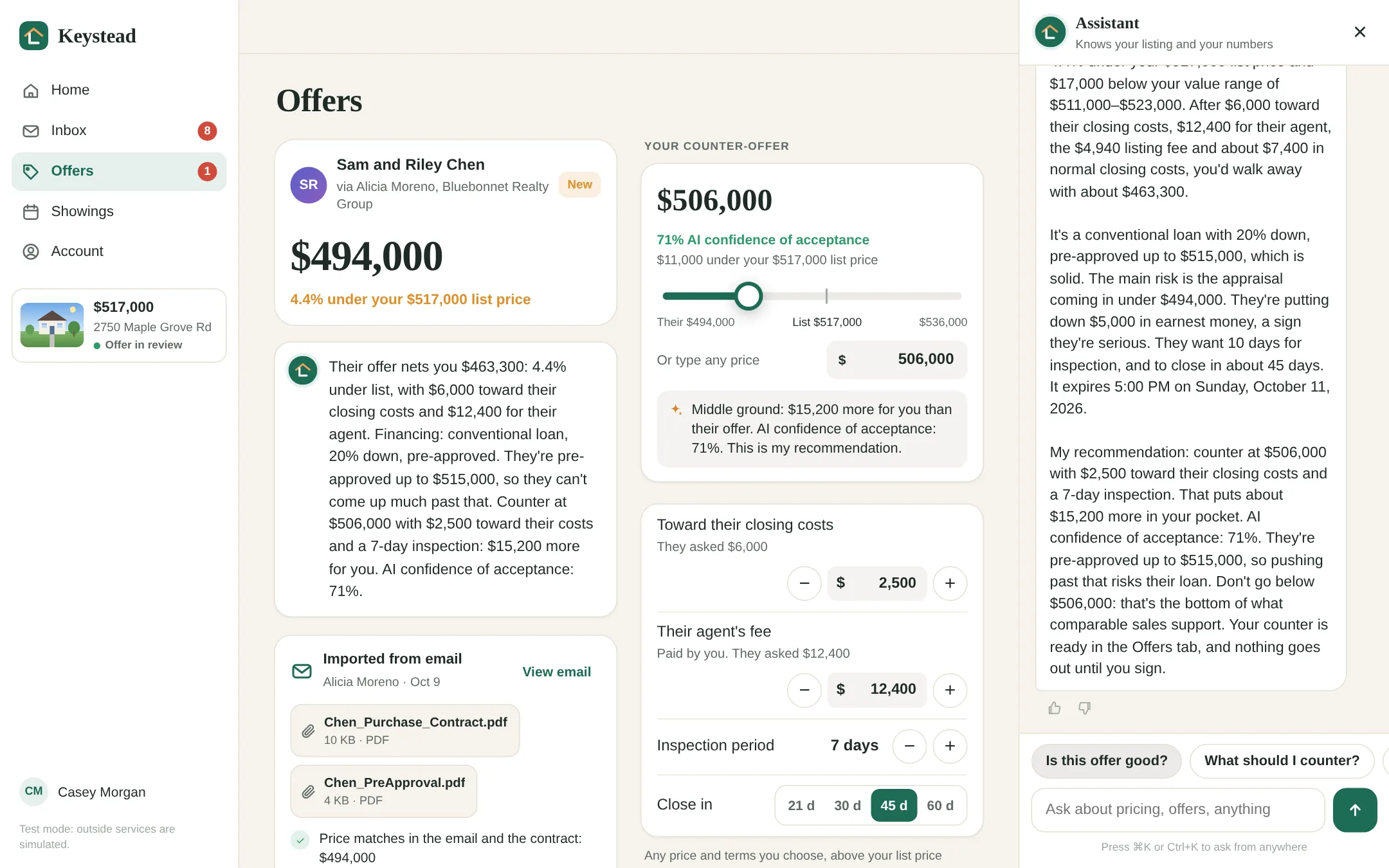 The offer page on a computer: the offer and what the seller nets, a counteroffer slider with its AI confidence of acceptance, the contract checks, and the AI assistant explaining whether the offer is good