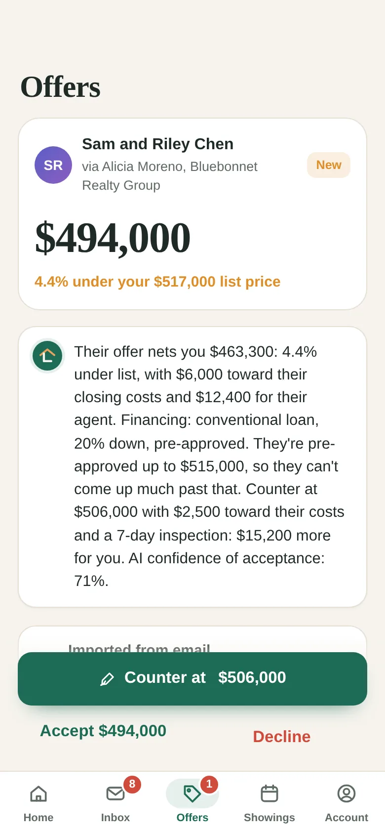 An offer sheet showing the offer, what the seller nets, and a suggested counteroffer with its AI confidence of acceptance