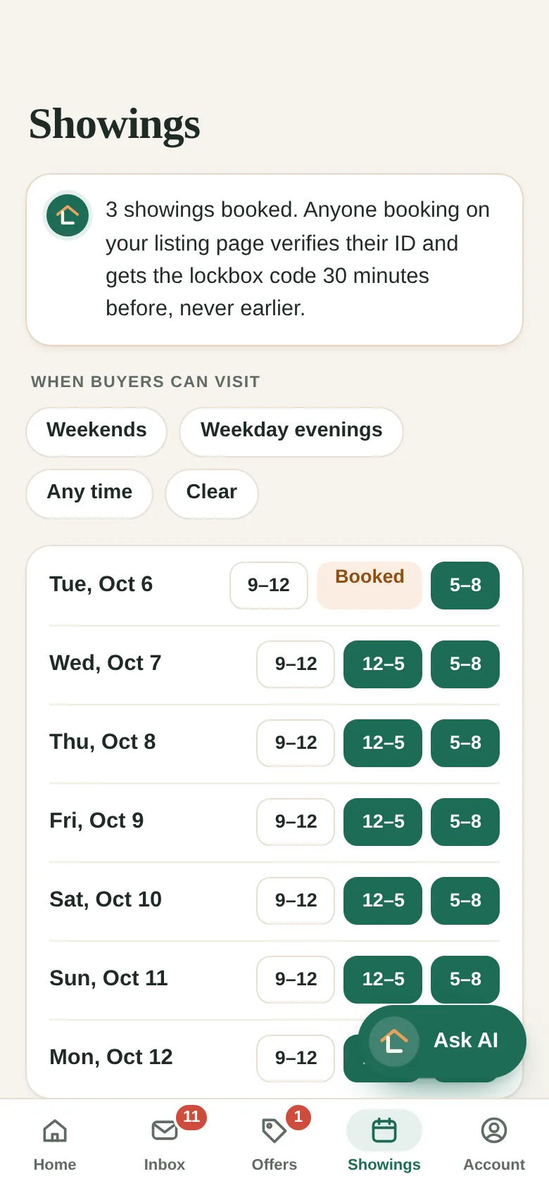 The showings calendar with booked visits and open time windows